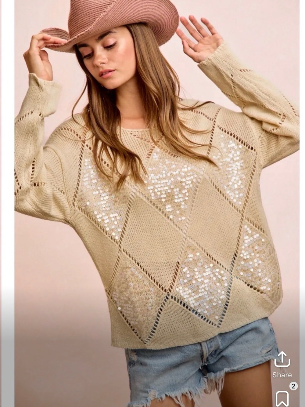 BiBi Sequin Diamond Openwork Knit Sweater in Beige
